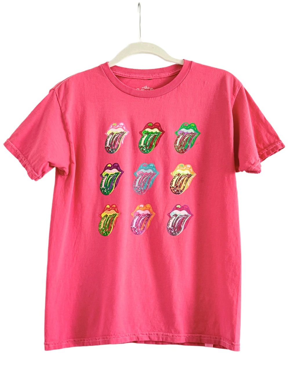 🍁 Rolling Stones Girls Hot Pink Tee with Multicolor Tongue Grid Large